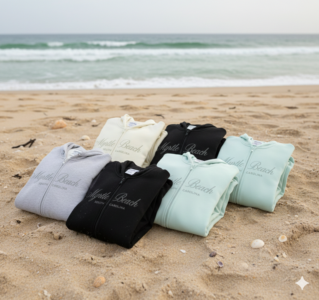 Zipper Hoodie Scuba Sweatshirt Full Zipper W/Embroidery Front ,Myrtle Beach