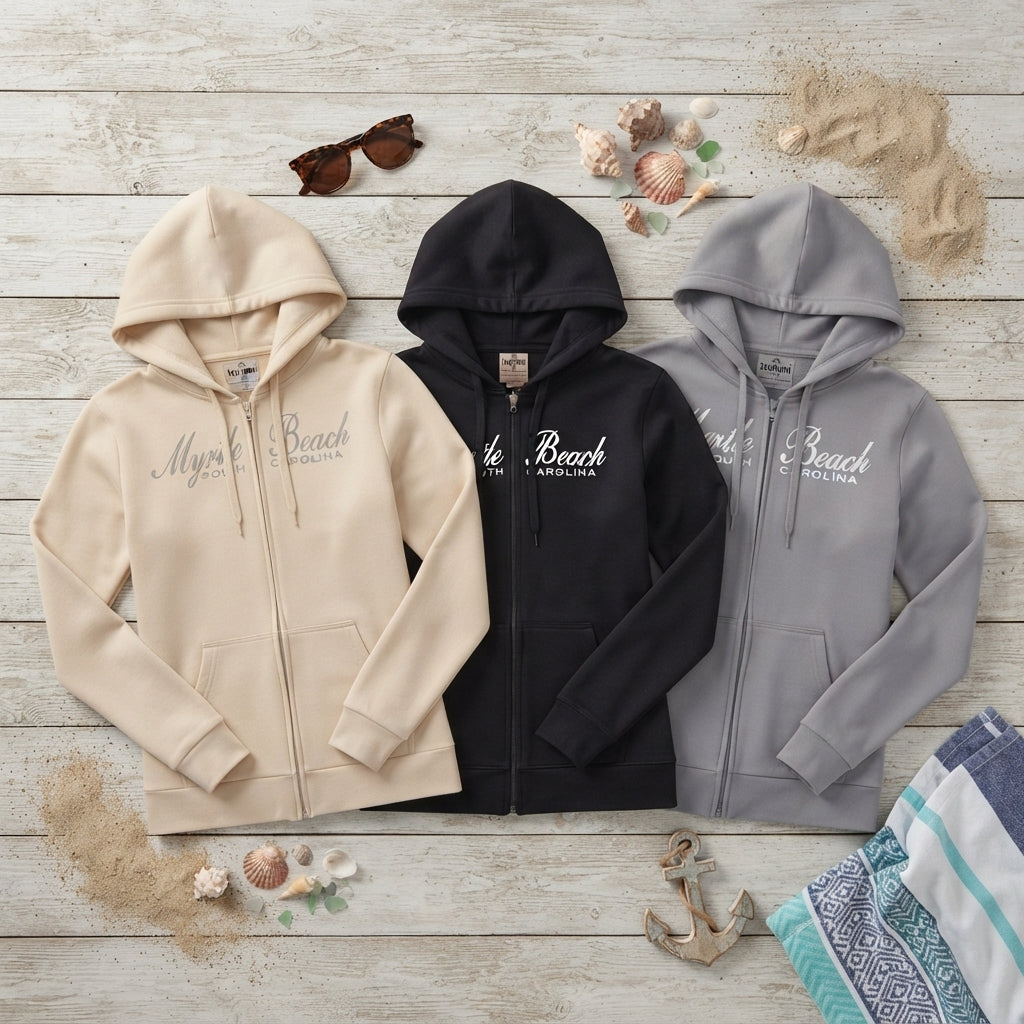Zipper Hoodie Scuba Sweatshirt Full Zipper W/Embroidery Front ,Myrtle Beach