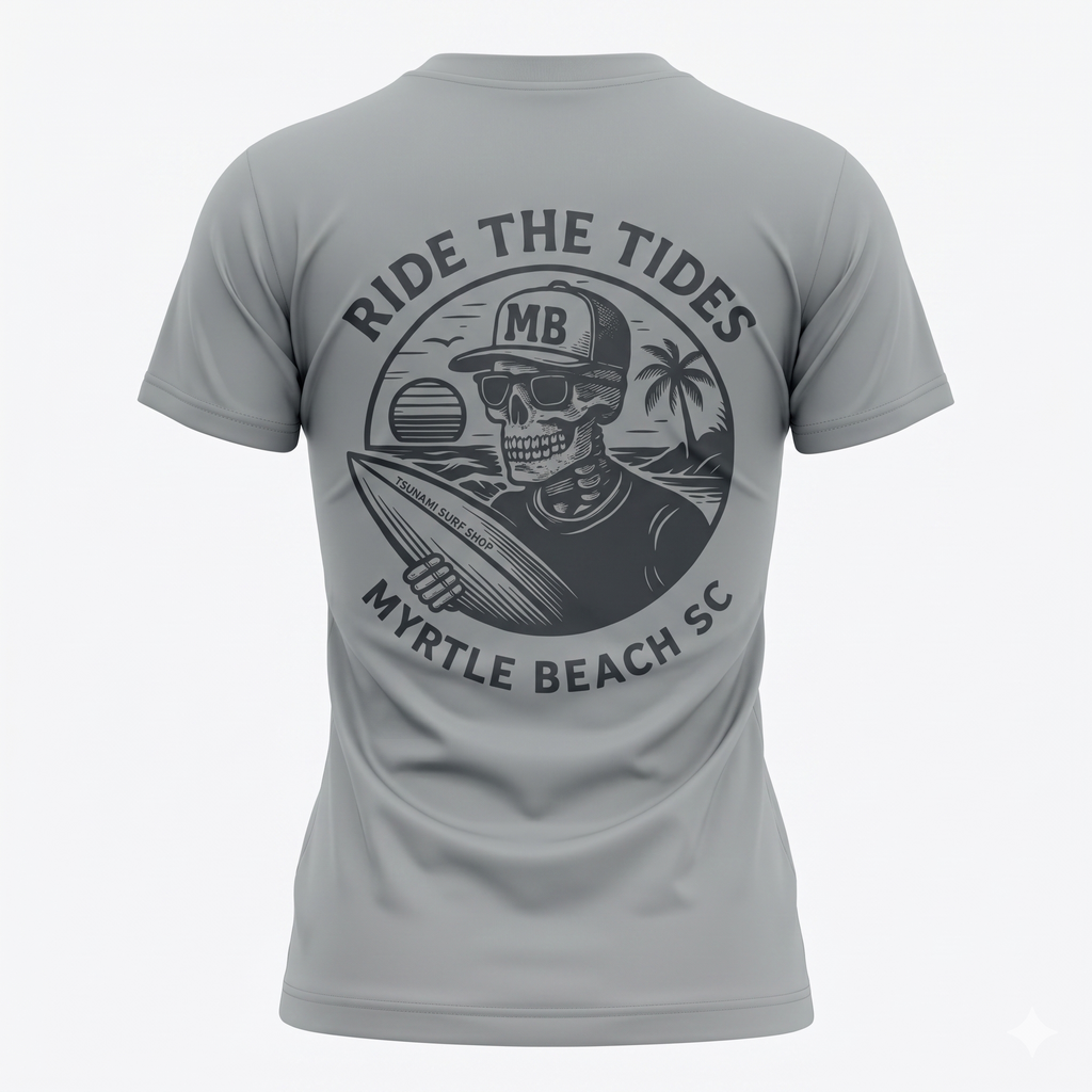 Light Grey Printed T-Shirt Myrtle Beach ,Skull W/Surfboard