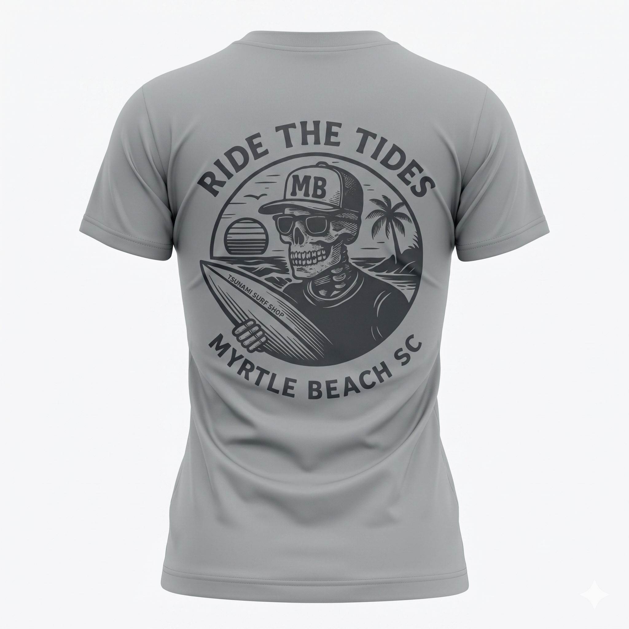 Light Grey Printed T-Shirt Myrtle Beach ,Skull W/Surfboard