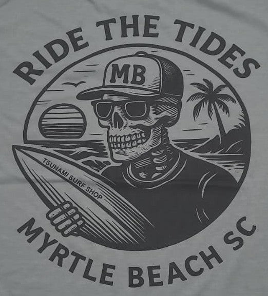 Light Grey Printed T-Shirt Myrtle Beach ,Skull W/Surfboard