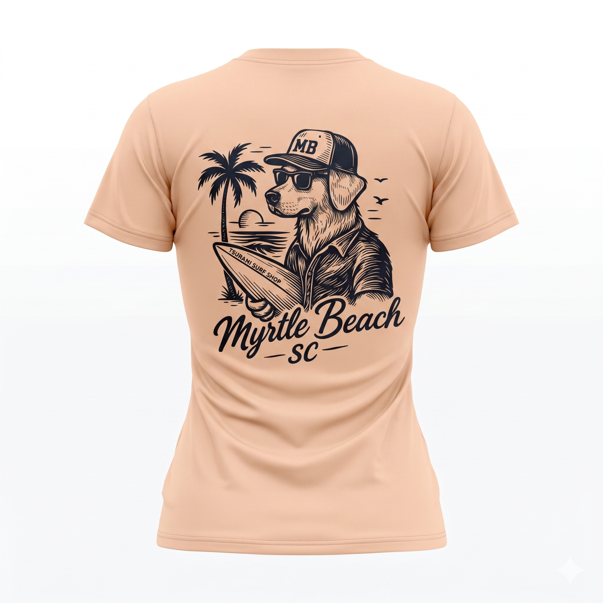 Peach Printed T-Shirt Myrtle Beach ,Dog W/Surfboard
