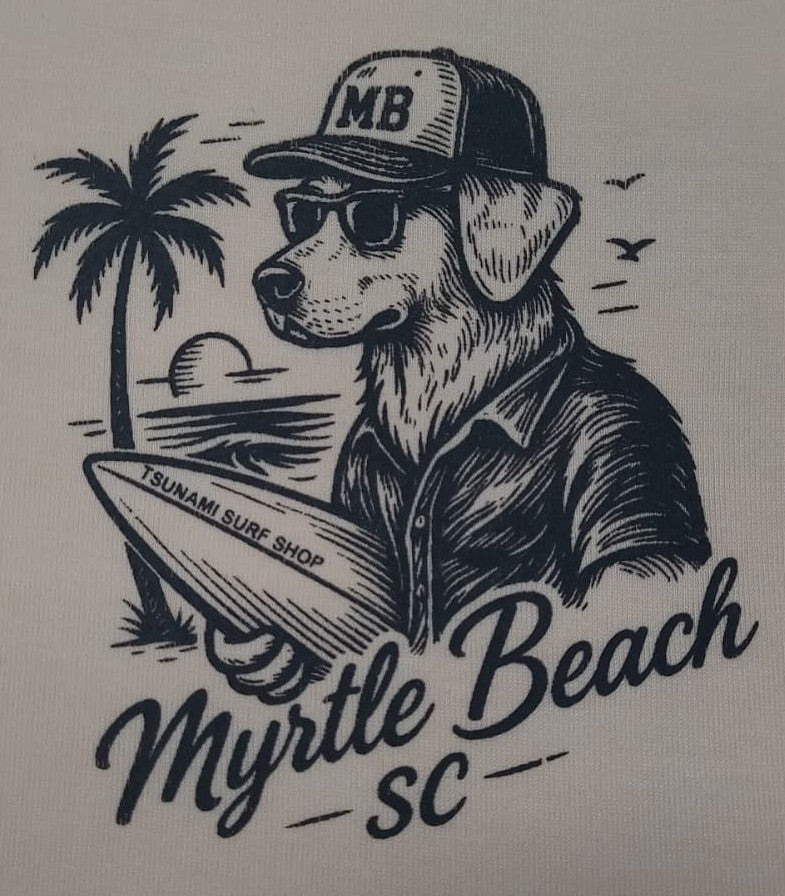 Peach Printed T-Shirt Myrtle Beach ,Dog W/Surfboard