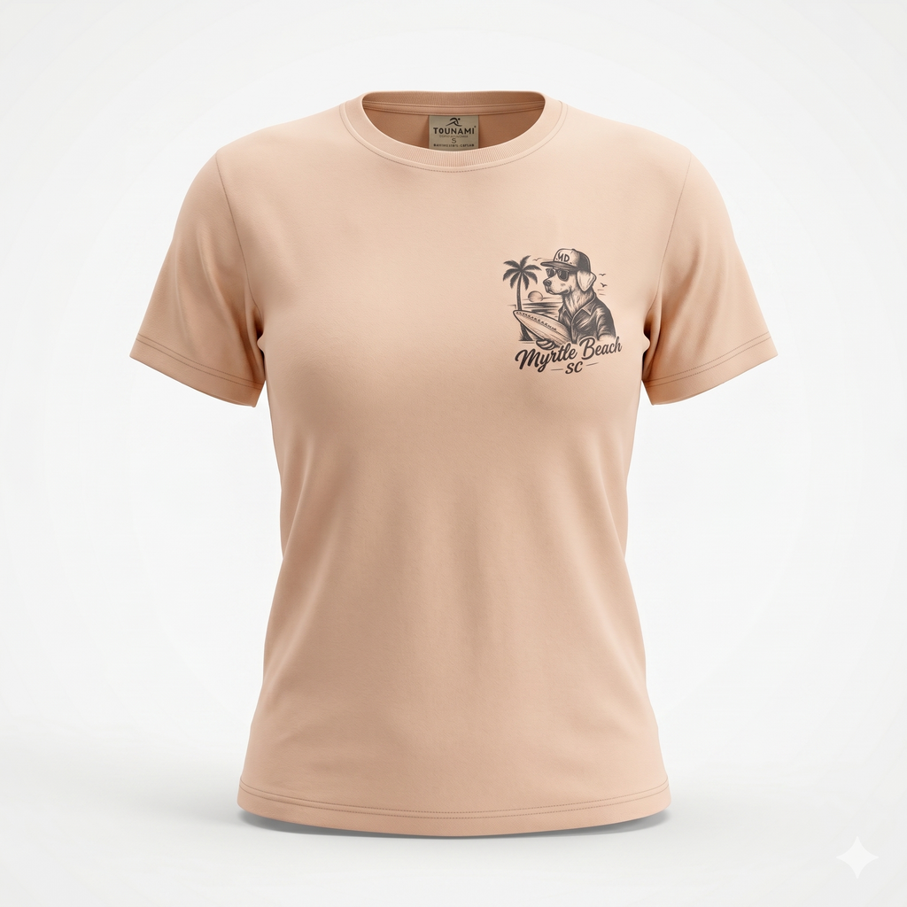 Peach Printed T-Shirt Myrtle Beach ,Dog W/Surfboard