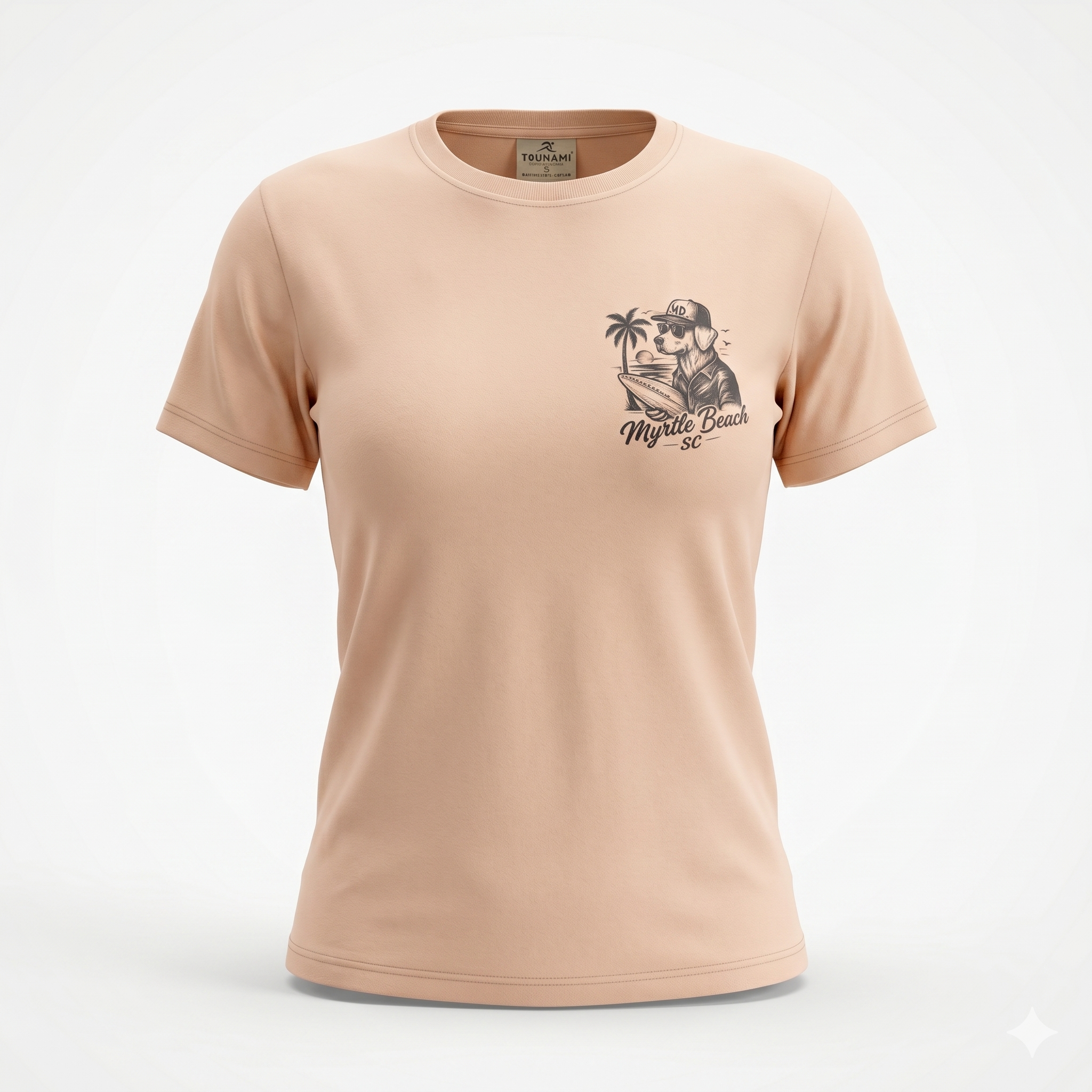 Peach Printed T-Shirt Myrtle Beach ,Dog W/Surfboard