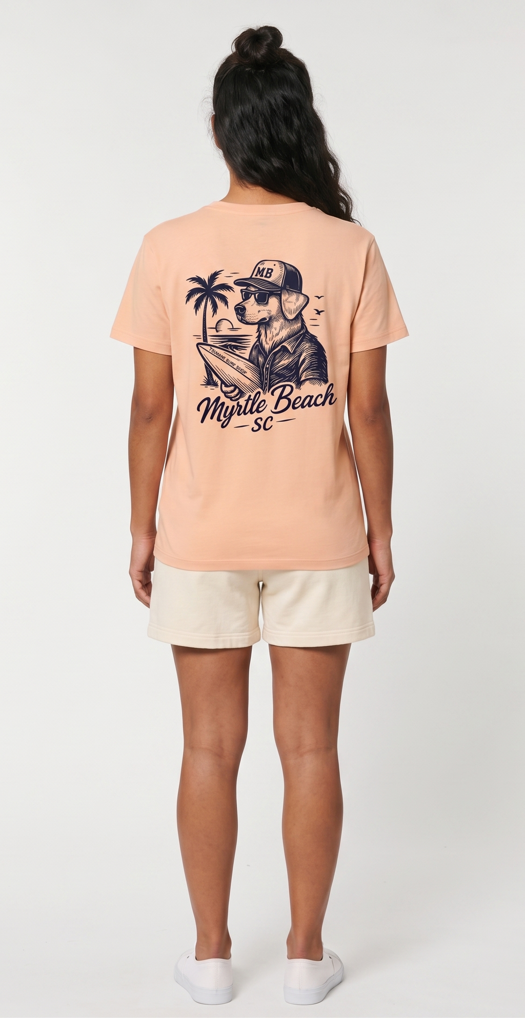 Peach Printed T-Shirt Myrtle Beach ,Dog W/Surfboard