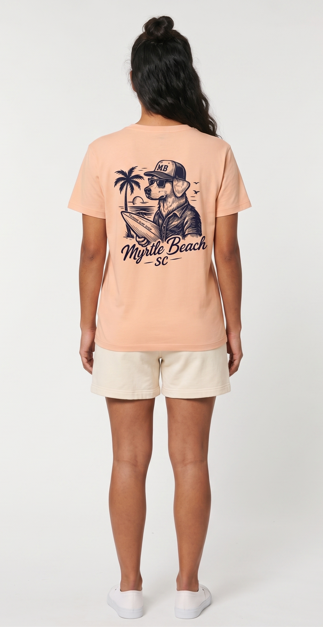 Peach Printed T-Shirt Myrtle Beach ,Dog W/Surfboard