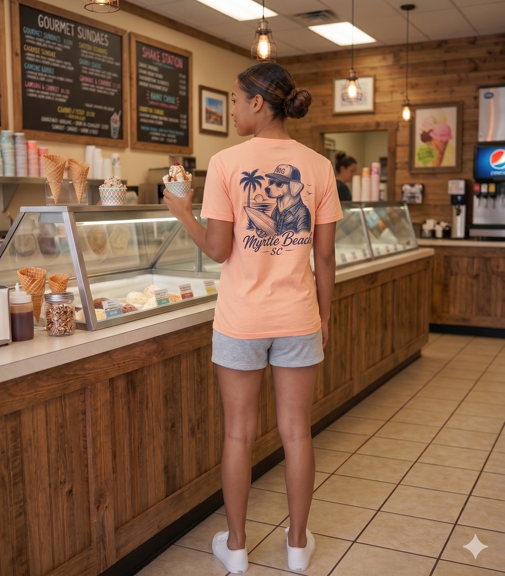 Peach Printed T-Shirt Myrtle Beach ,Dog W/Surfboard