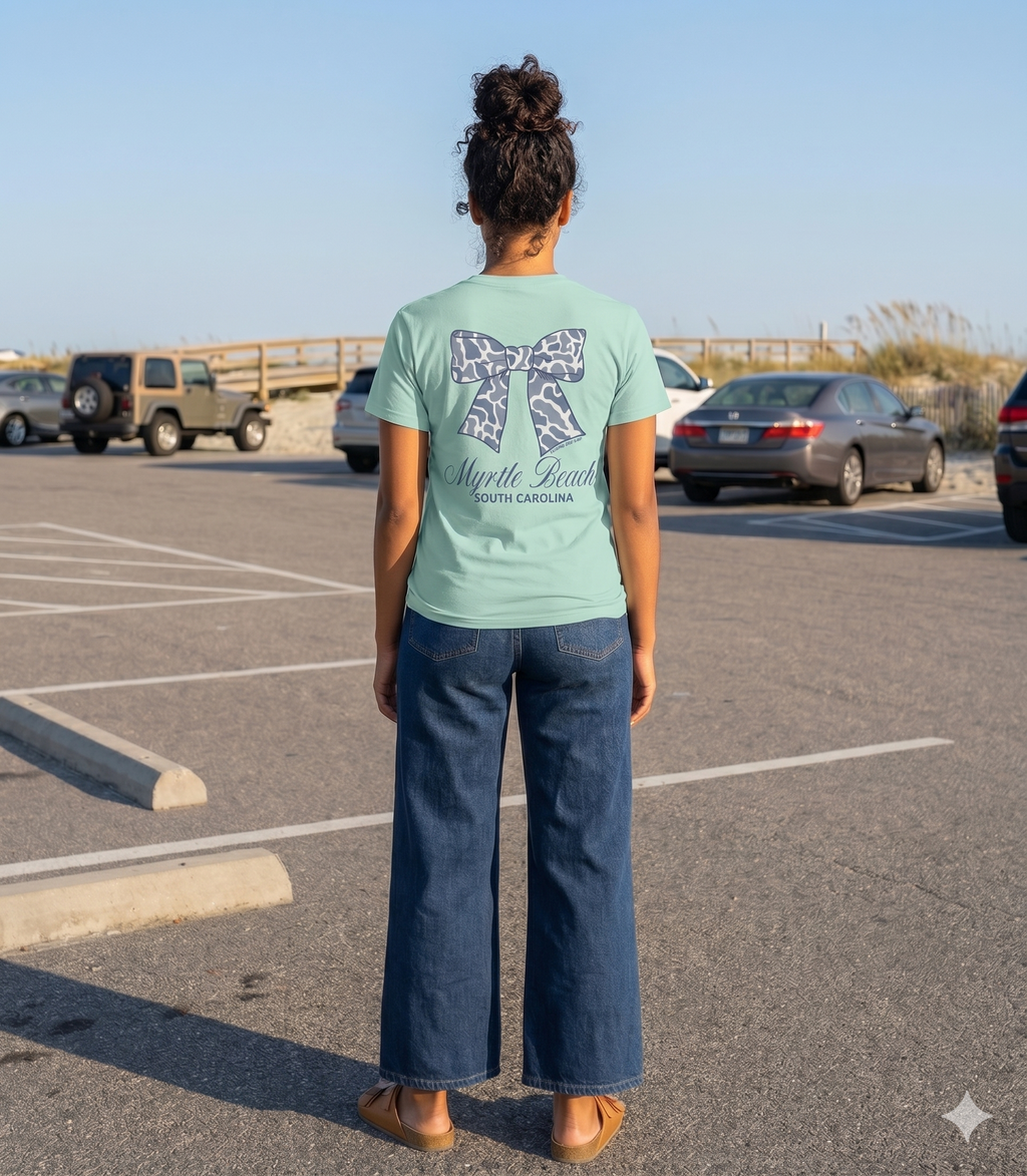 Pastel Green  Printed T-Shirt Myrtle Beach , Ribbon Bow