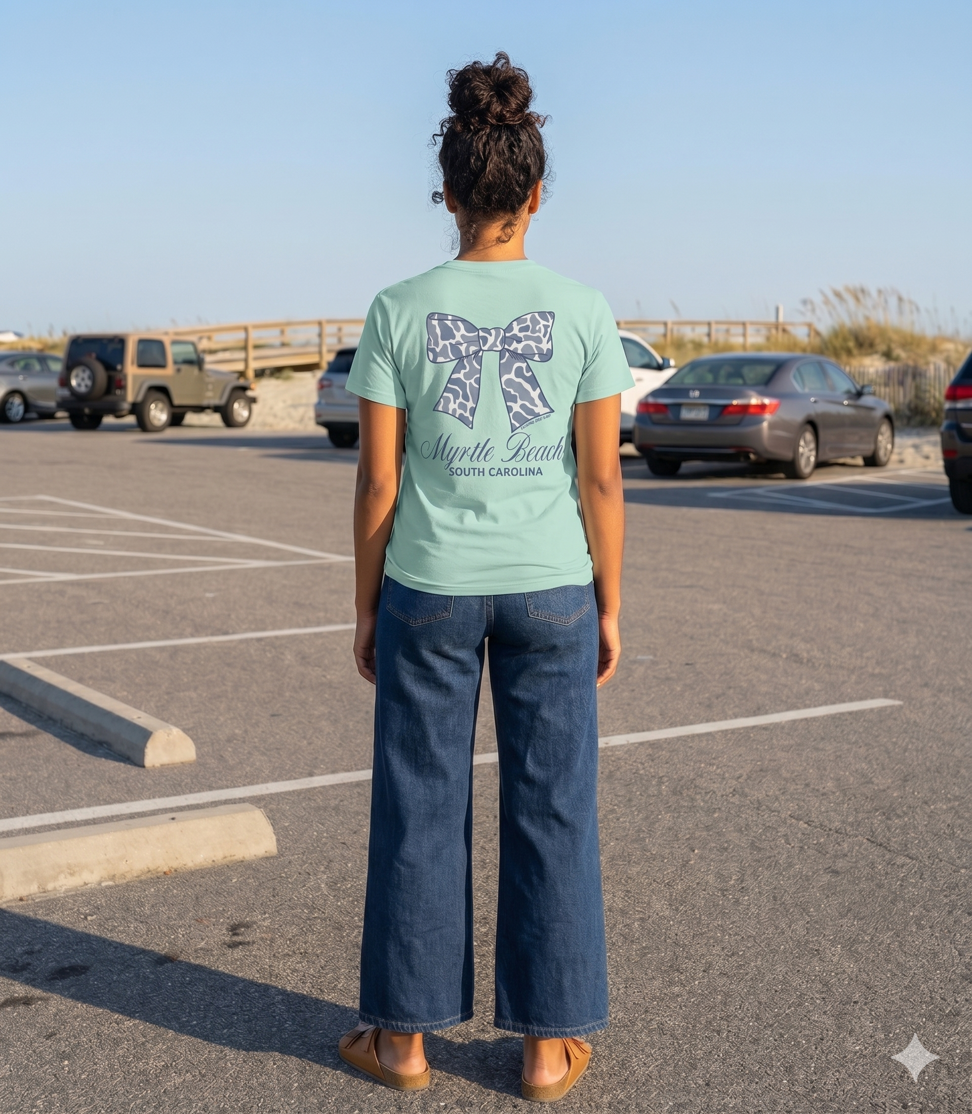 Pastel Green  Printed T-Shirt Myrtle Beach , Ribbon Bow