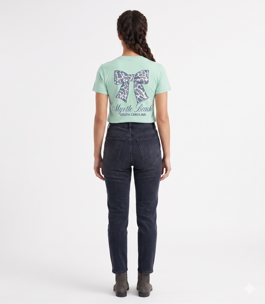 Pastel Green  Printed T-Shirt Myrtle Beach , Ribbon Bow