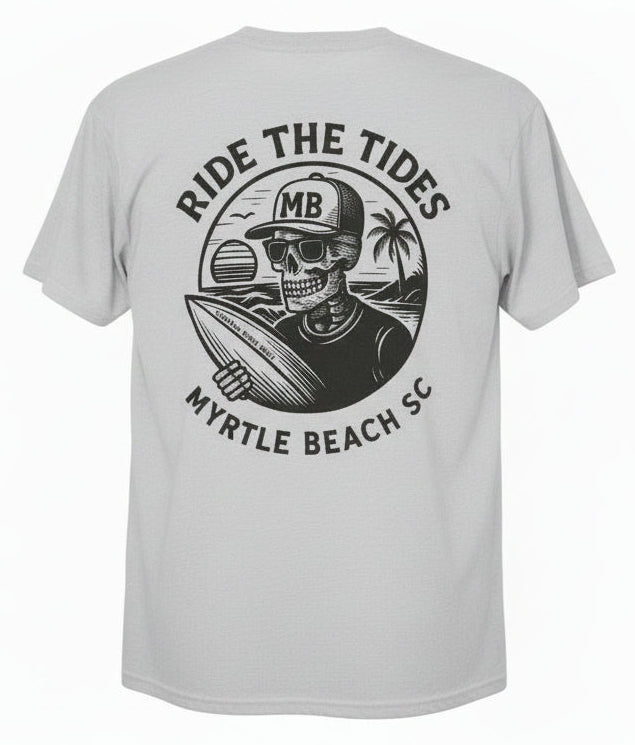 Light Grey Printed T-Shirt Myrtle Beach ,Skull W/Surfboard