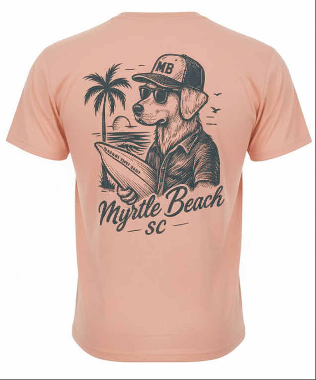 Peach Printed T-Shirt Myrtle Beach ,Dog W/Surfboard