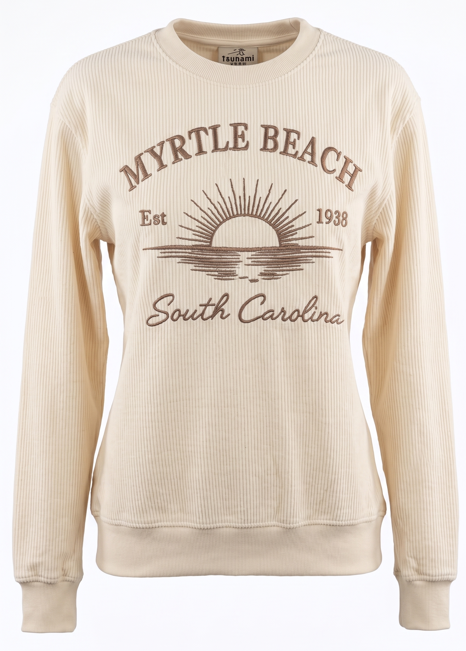 Cream Corduroy Crewneck Sweatshirt Embroidery Front ,Myrtle Beach