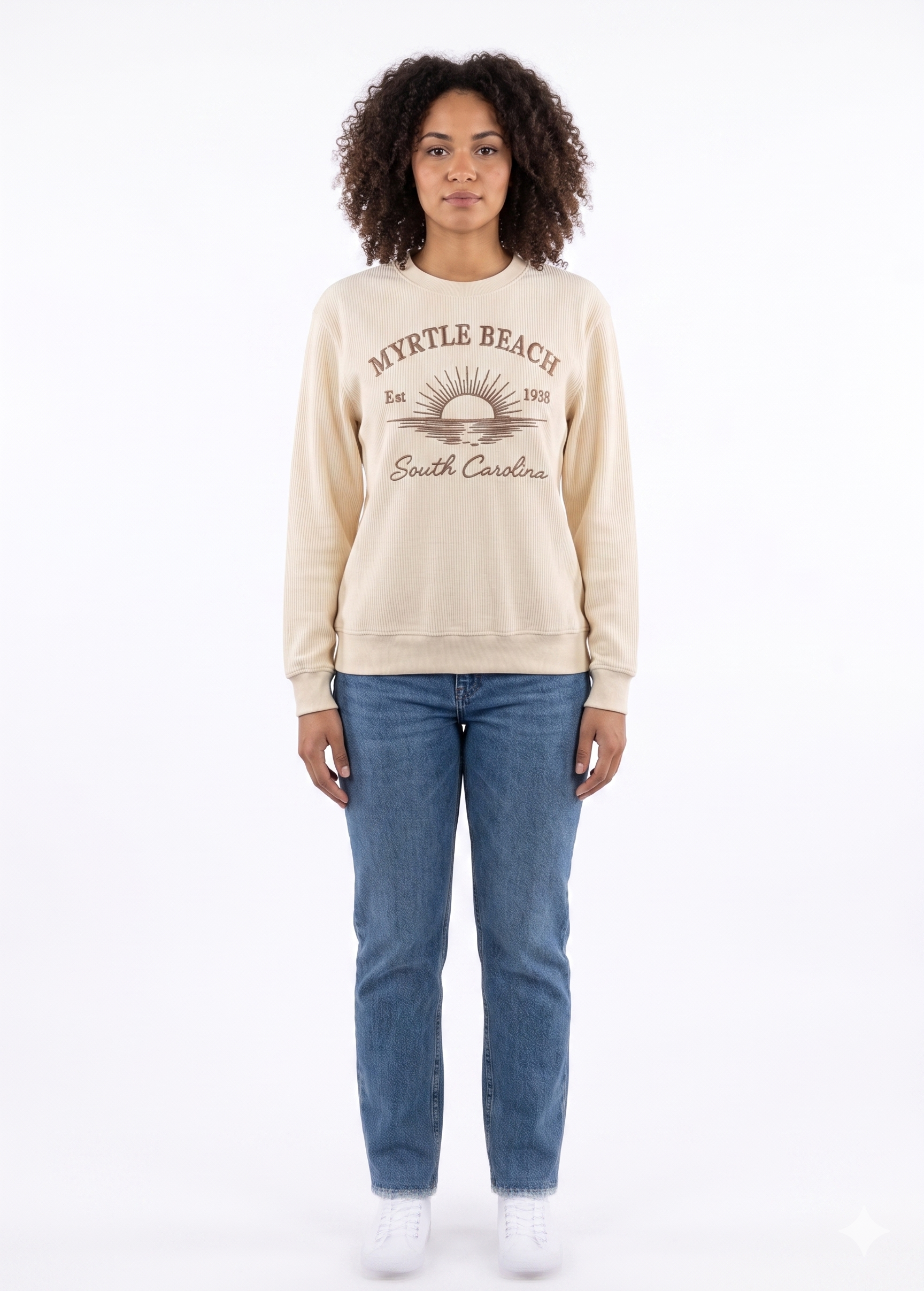 Cream Corduroy Crewneck Sweatshirt Embroidery Front ,Myrtle Beach