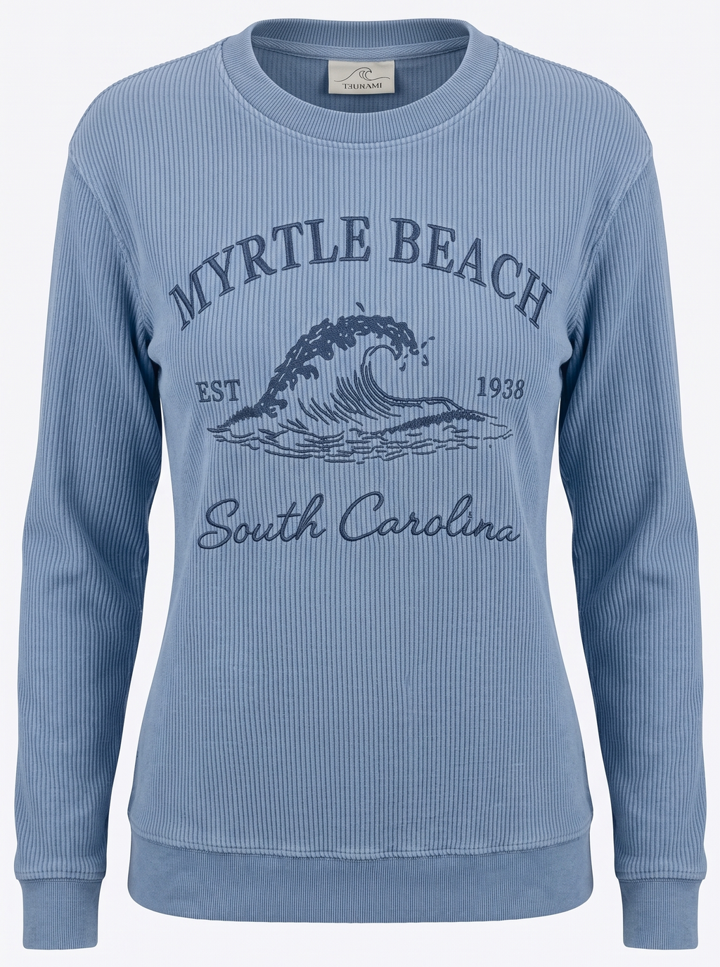 Blue Denim Corduroy Crewneck Sweatshirt Embroidery Front ,Myrtle Beach