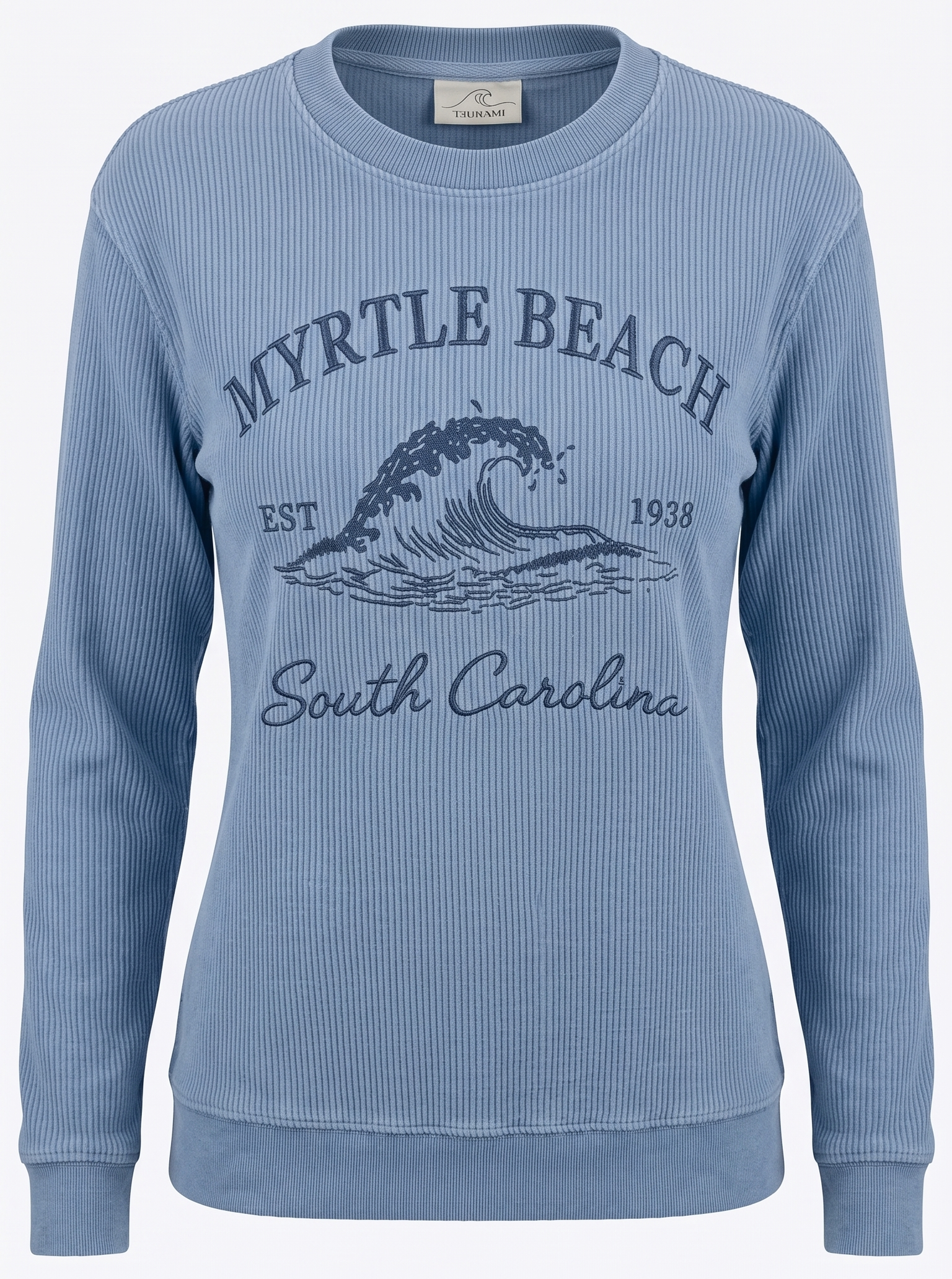 Blue Denim Corduroy Crewneck Sweatshirt Embroidery Front ,Myrtle Beach