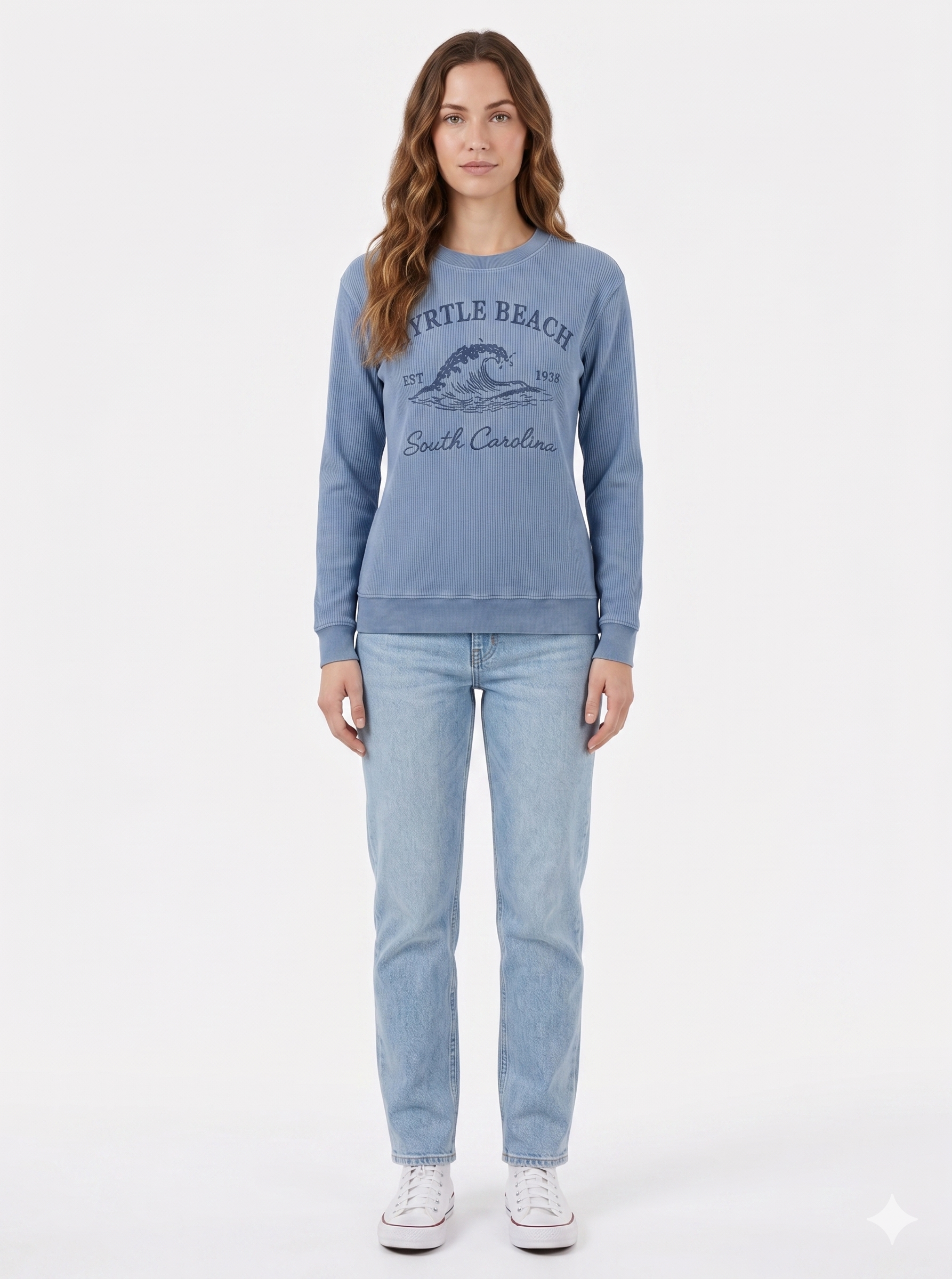 Blue Denim Corduroy Crewneck Sweatshirt Embroidery Front ,Myrtle Beach