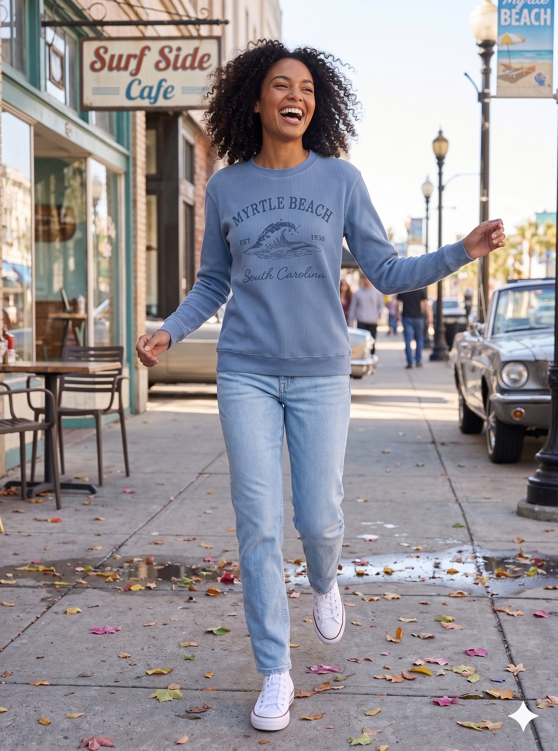 Blue Denim Corduroy Crewneck Sweatshirt Embroidery Front ,Myrtle Beach