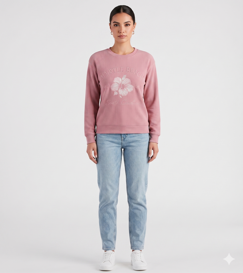Rose Pink Corduroy Crewneck Sweatshirt Embroidery Front ,Myrtle Beach