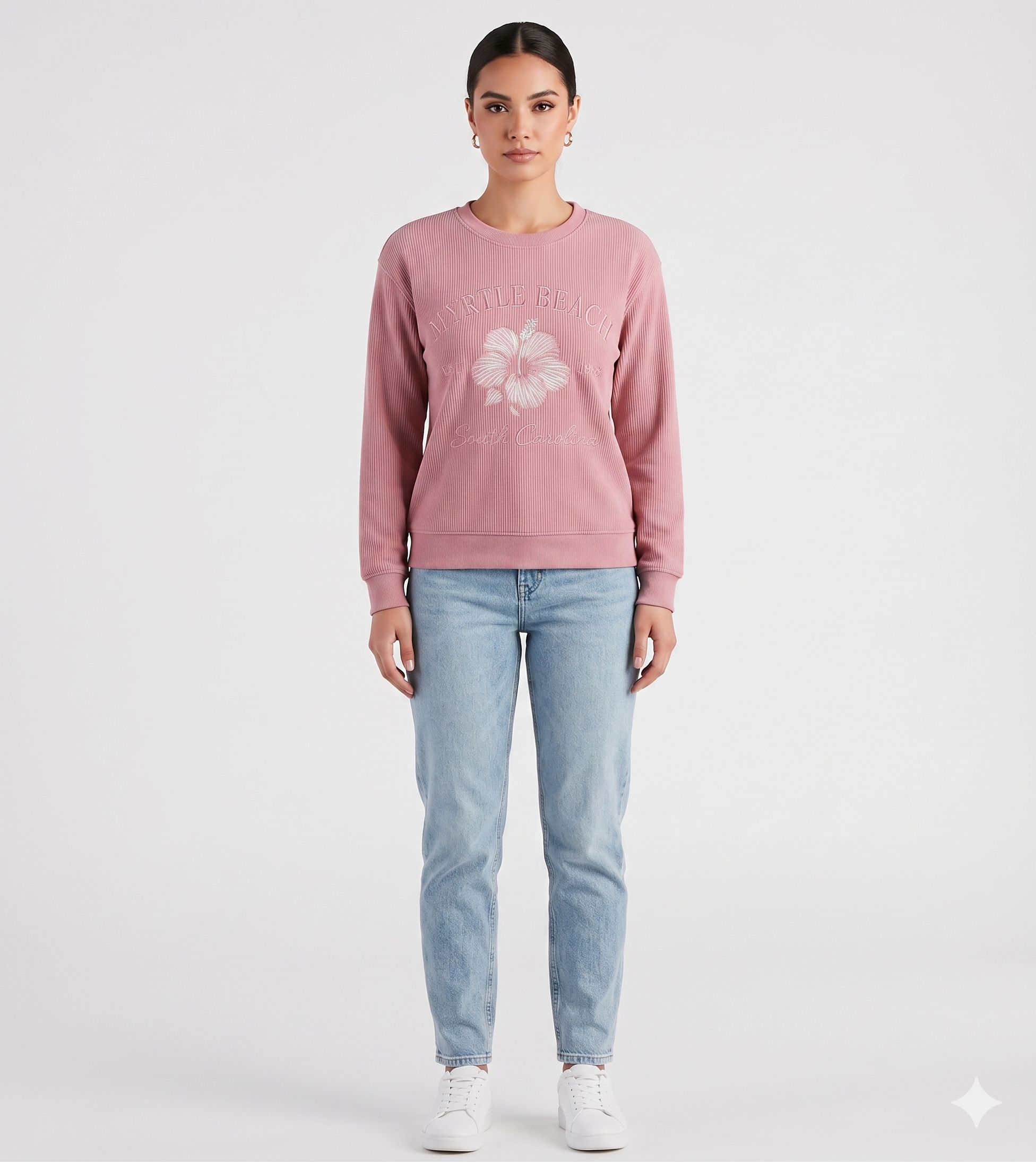 Rose Pink Corduroy Crewneck Sweatshirt Embroidery Front ,Myrtle Beach