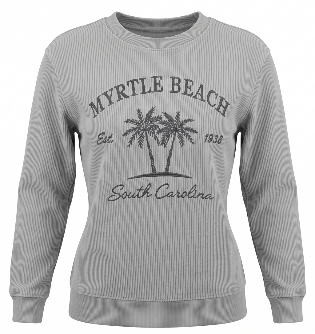 Silver Corduroy Crewneck Sweatshirt Embroidery Front ,Myrtle Beach