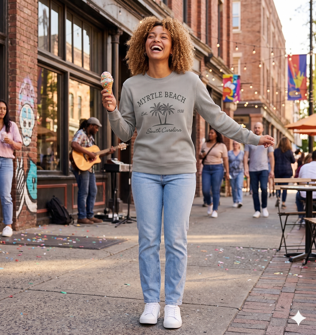 Silver Corduroy Crewneck Sweatshirt Embroidery Front ,Myrtle Beach