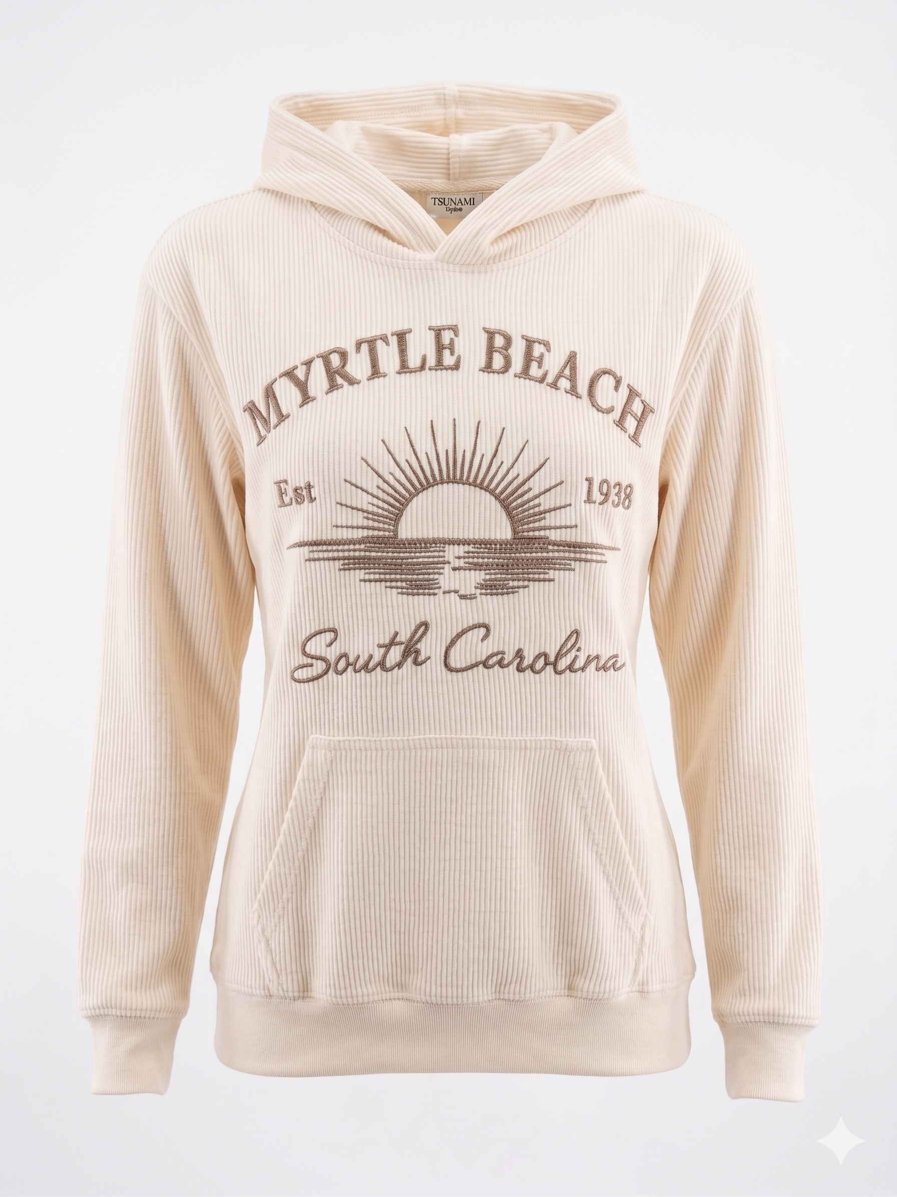 Cream Corduroy Hoodie Sweatshirt Embroidery Front ,Myrtle Beach