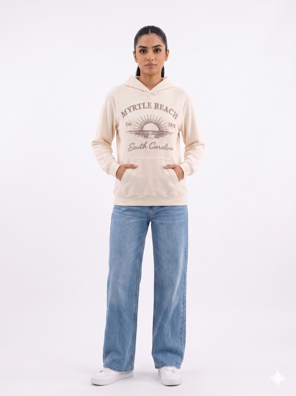 Cream Corduroy Hoodie Sweatshirt Embroidery Front ,Myrtle Beach