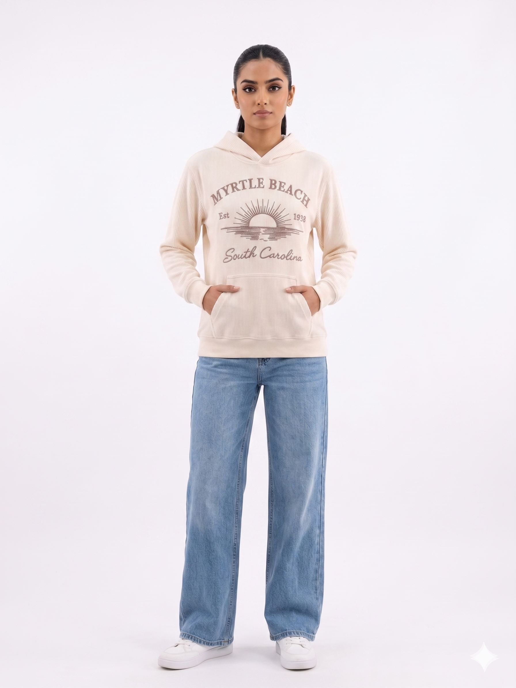 Cream Corduroy Hoodie Sweatshirt Embroidery Front ,Myrtle Beach