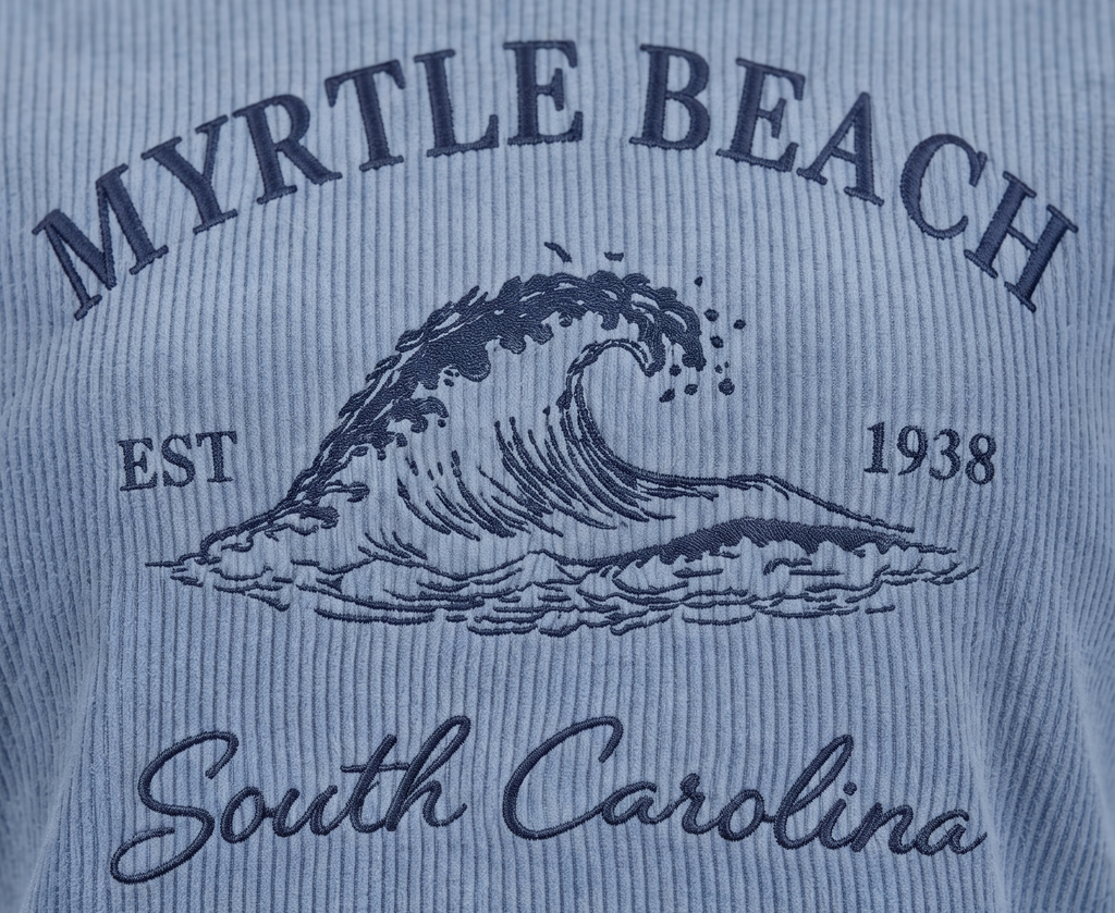 Blue Denim Corduroy Hoodie Sweatshirt Embroidery Front ,Myrtle Beach