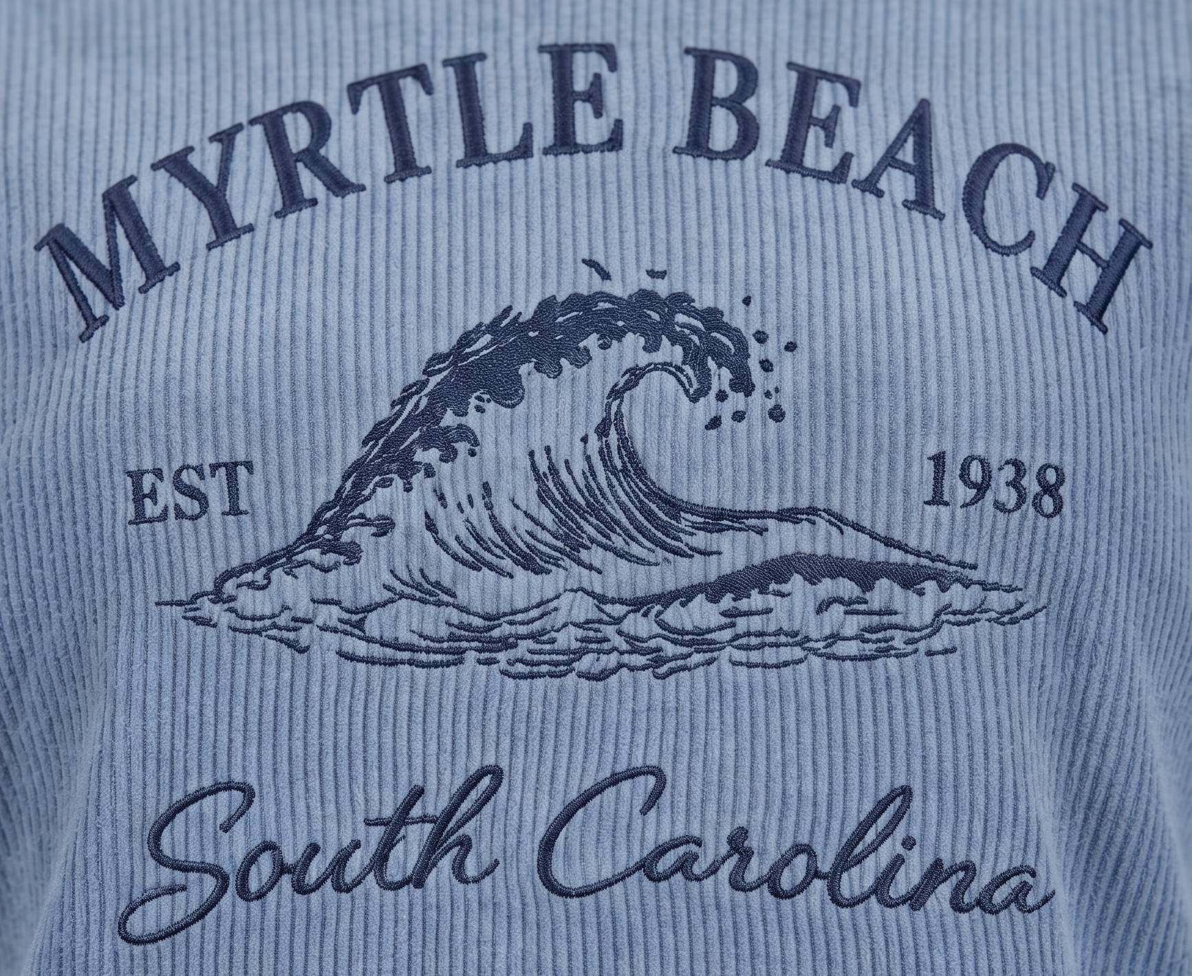 Blue Denim Corduroy Hoodie Sweatshirt Embroidery Front ,Myrtle Beach