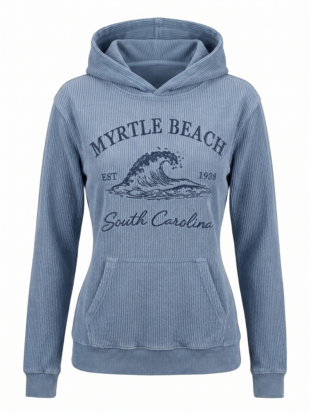 Blue Denim Corduroy Hoodie Sweatshirt Embroidery Front ,Myrtle Beach