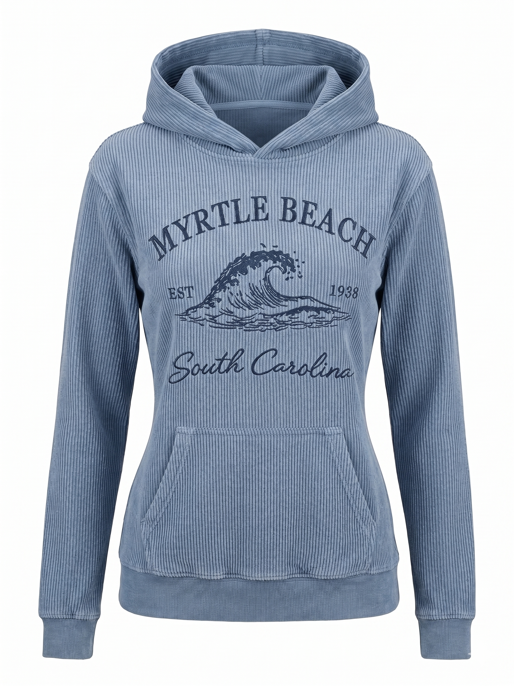 Blue Denim Corduroy Hoodie Sweatshirt Embroidery Front ,Myrtle Beach