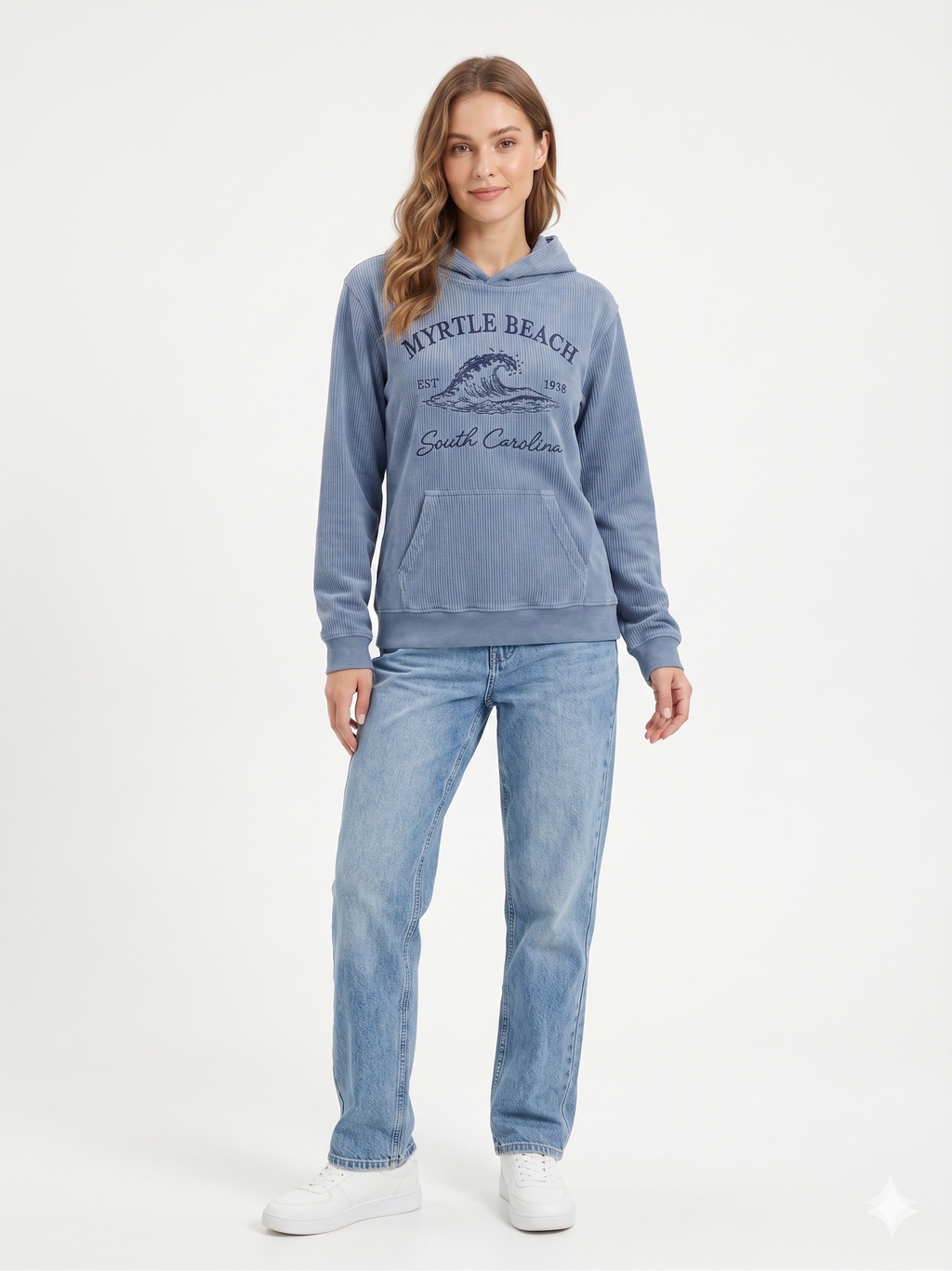 Blue Denim Corduroy Hoodie Sweatshirt Embroidery Front ,Myrtle Beach