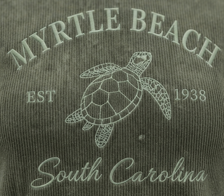 Olive Corduroy Hoodie Sweatshirt Embroidery Front ,Myrtle Beach