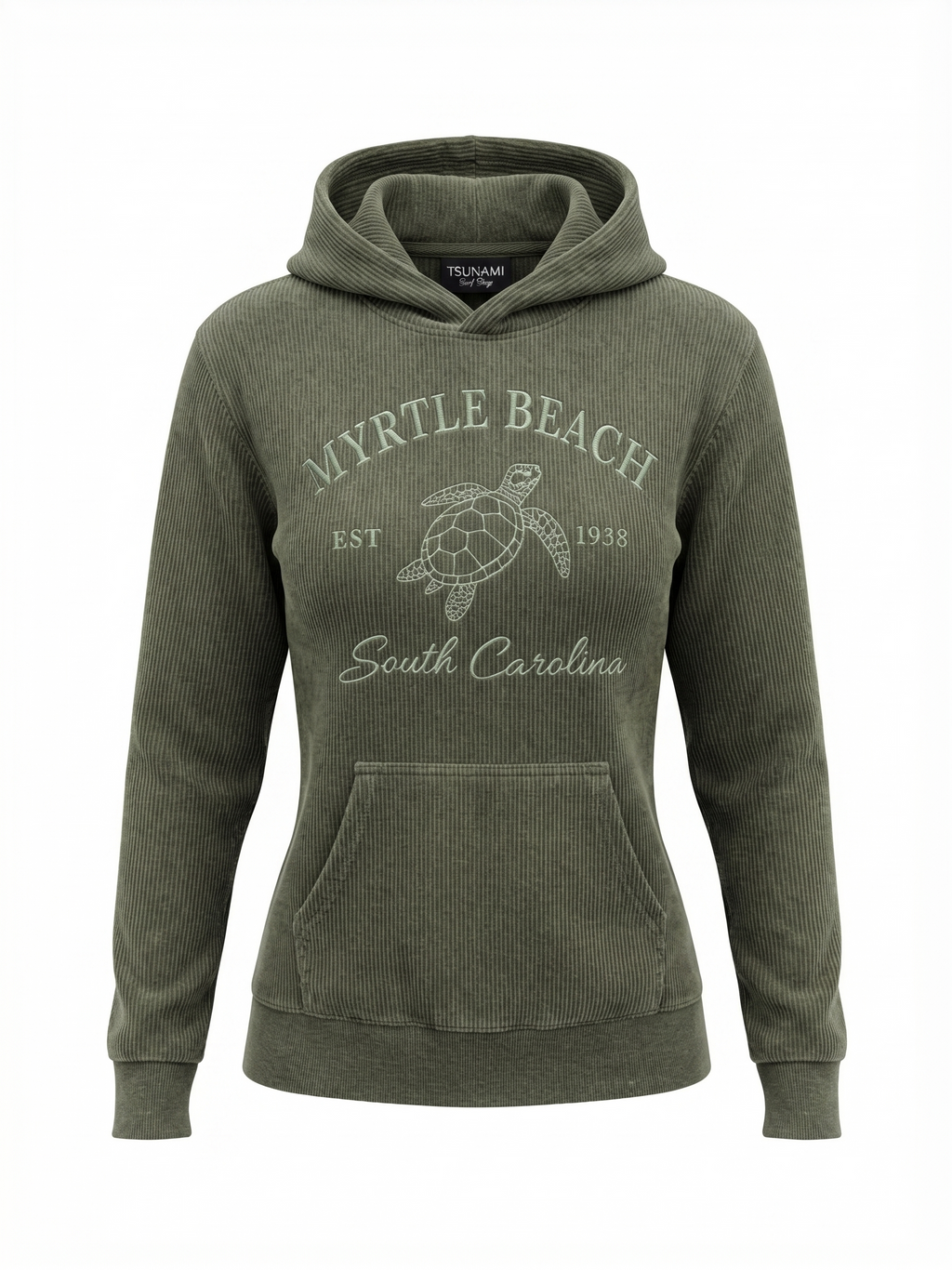 Olive Corduroy Hoodie Sweatshirt Embroidery Front ,Myrtle Beach