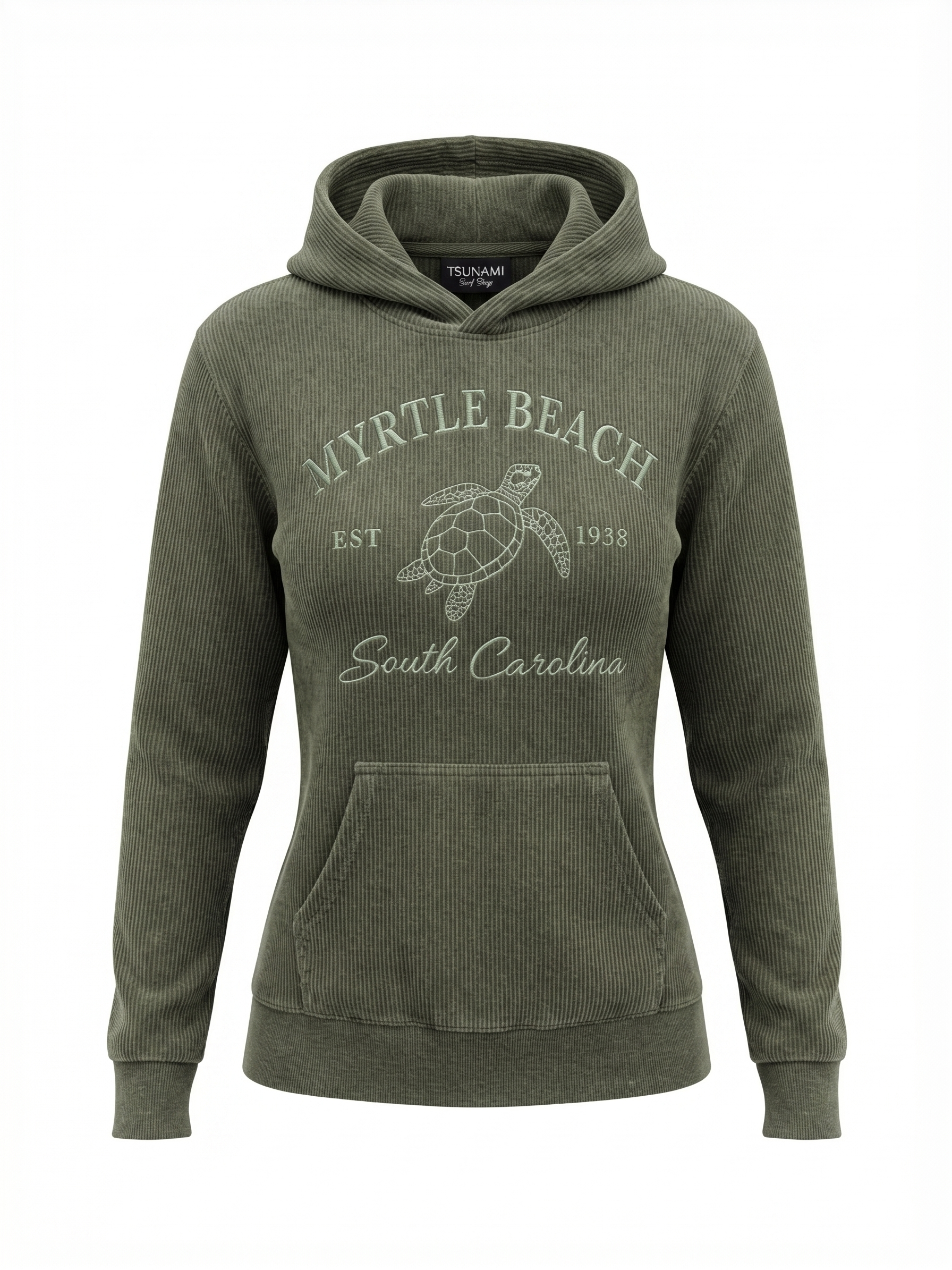 Olive Corduroy Hoodie Sweatshirt Embroidery Front ,Myrtle Beach