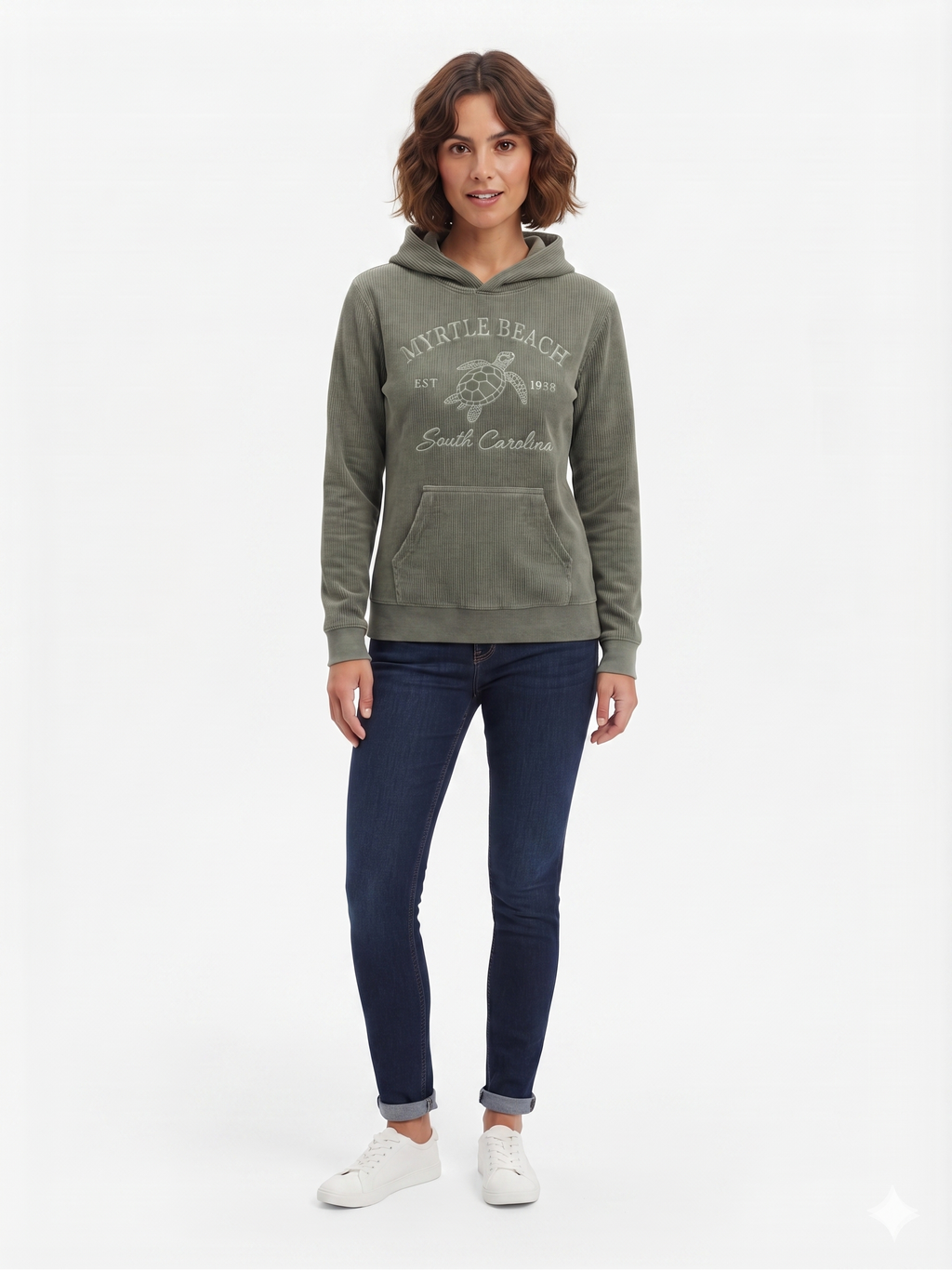 Olive Corduroy Hoodie Sweatshirt Embroidery Front ,Myrtle Beach