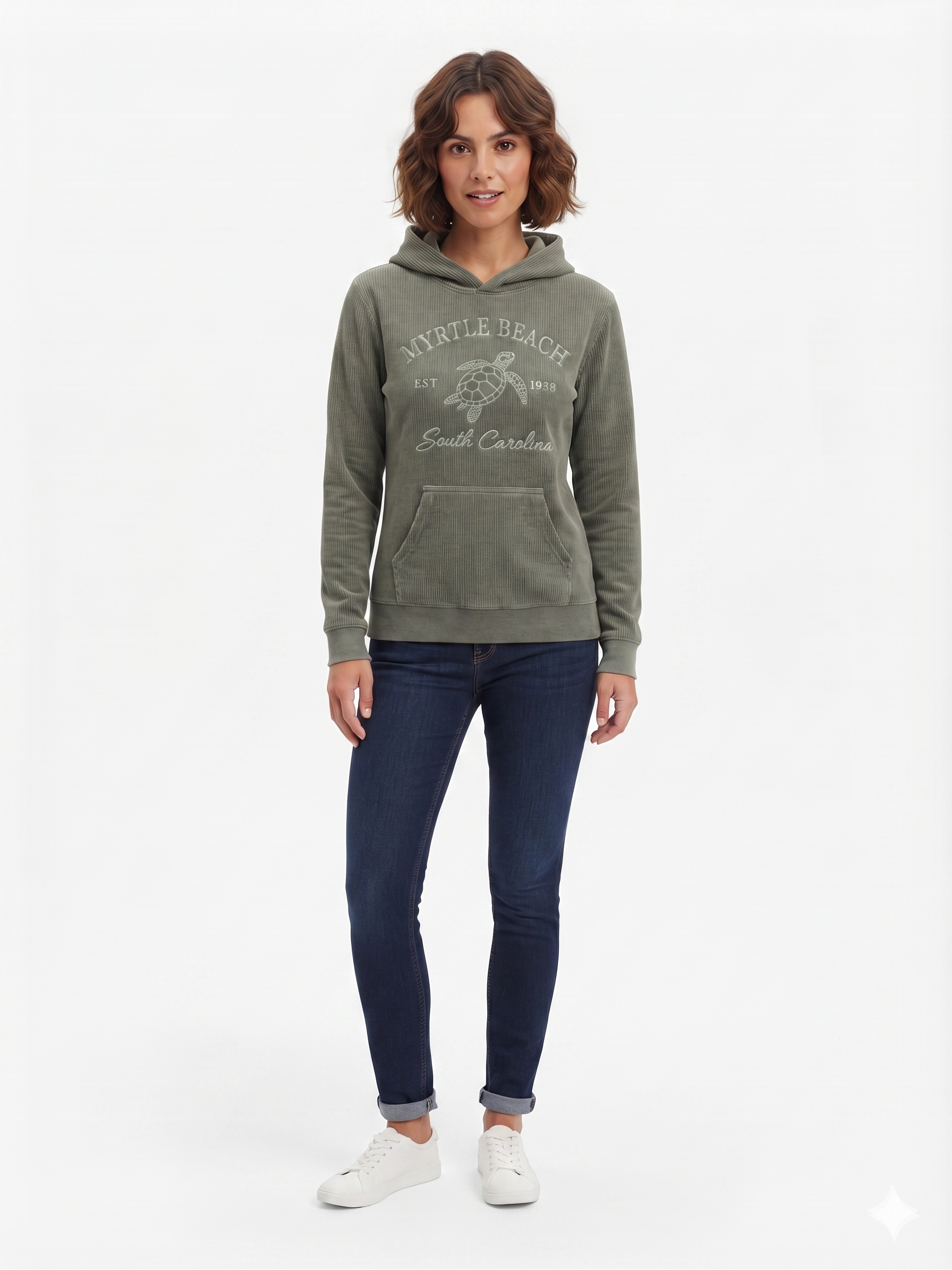 Olive Corduroy Hoodie Sweatshirt Embroidery Front ,Myrtle Beach
