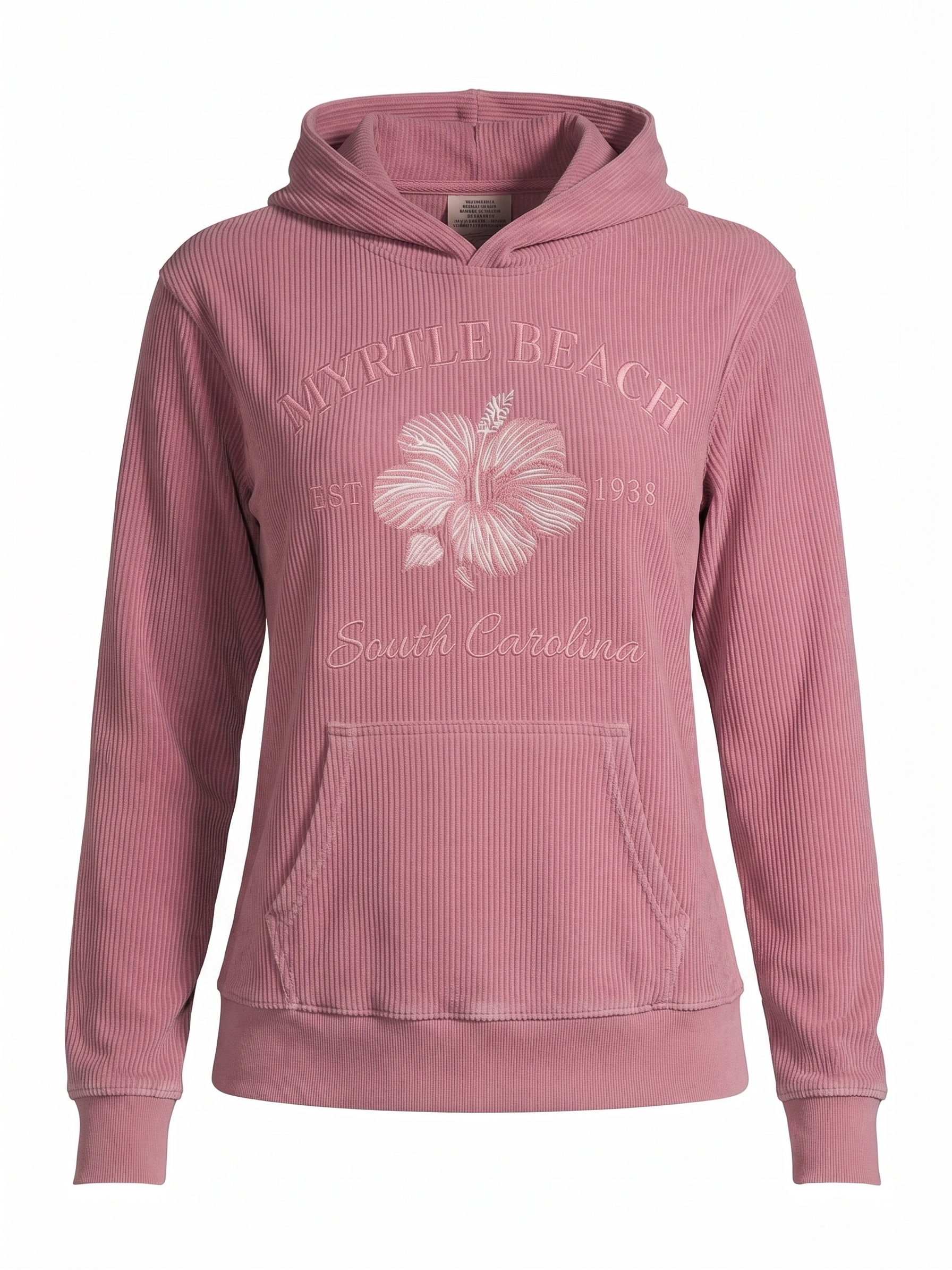 Rose Pink Corduroy Hoodie Sweatshirt Embroidery Front ,Myrtle Beach