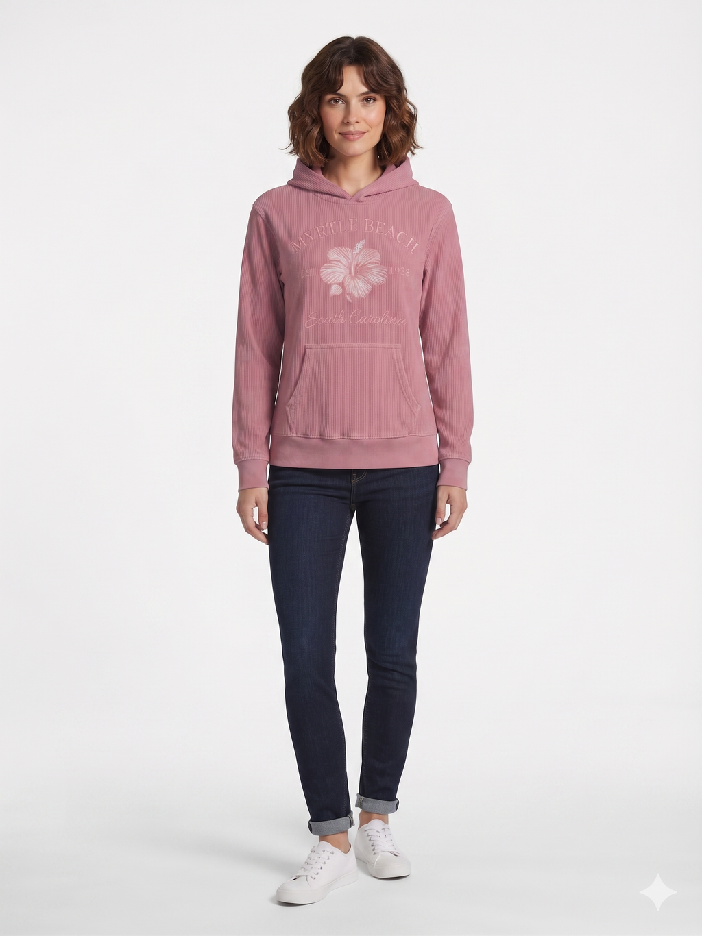 Rose Pink Corduroy Hoodie Sweatshirt Embroidery Front ,Myrtle Beach