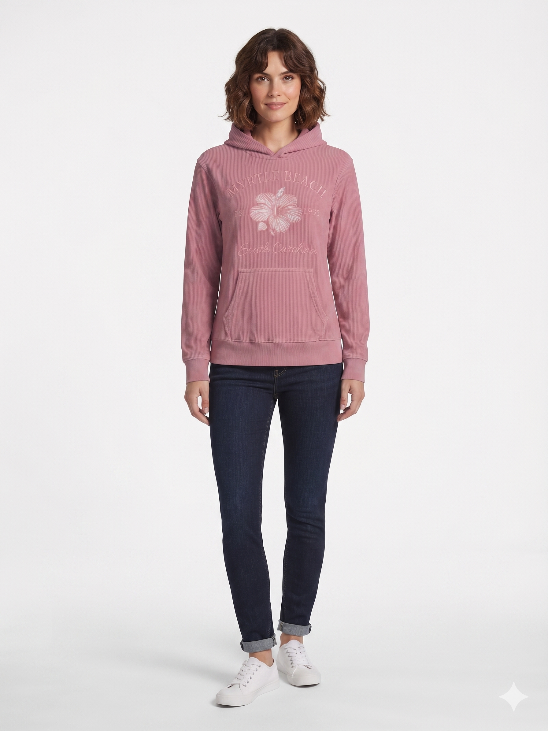 Rose Pink Corduroy Hoodie Sweatshirt Embroidery Front ,Myrtle Beach