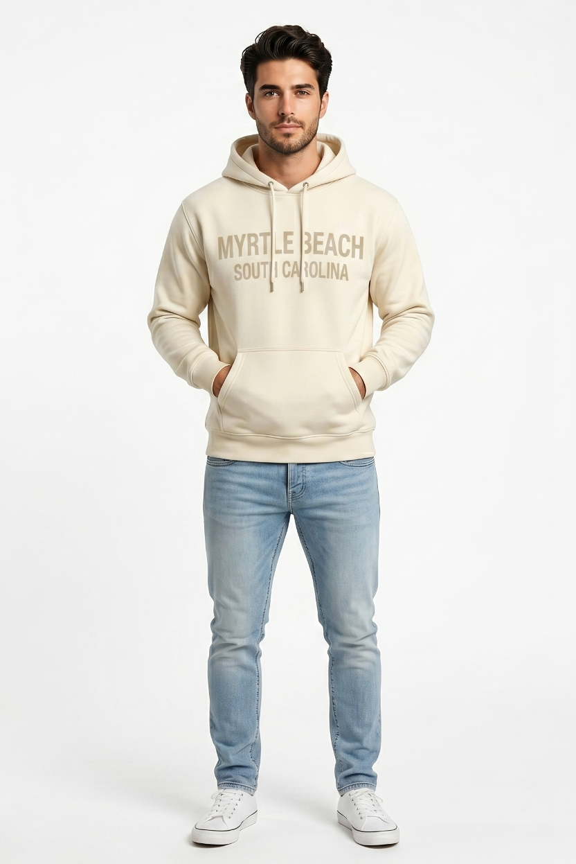 Cream Pullover Hoodie SweatShirt High Densitty Print Front ,Myrtle Beach