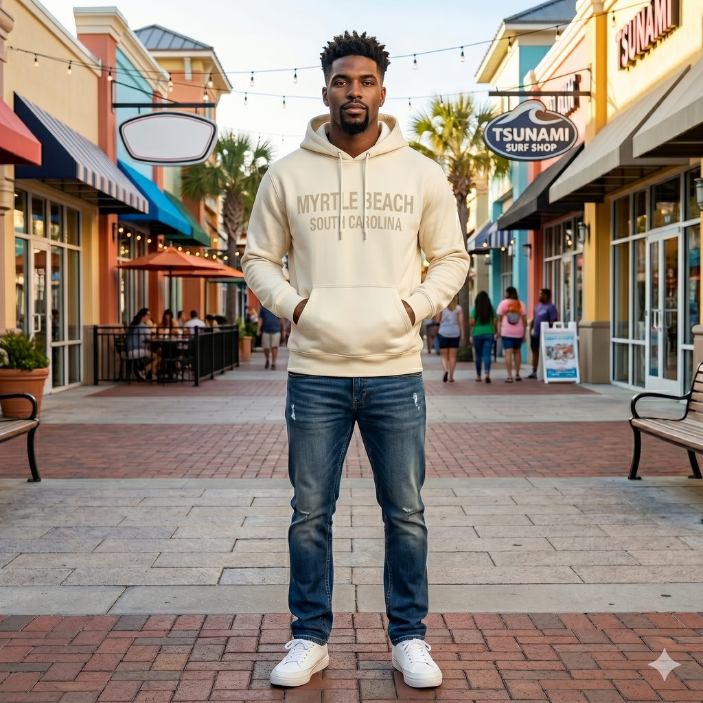 Cream Pullover Hoodie SweatShirt High Densitty Print Front ,Myrtle Beach