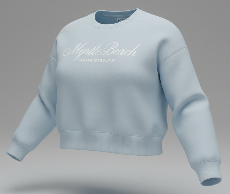 Light Blue Scuba Crewneck Crop Top SP Front ,Myrtle Beach