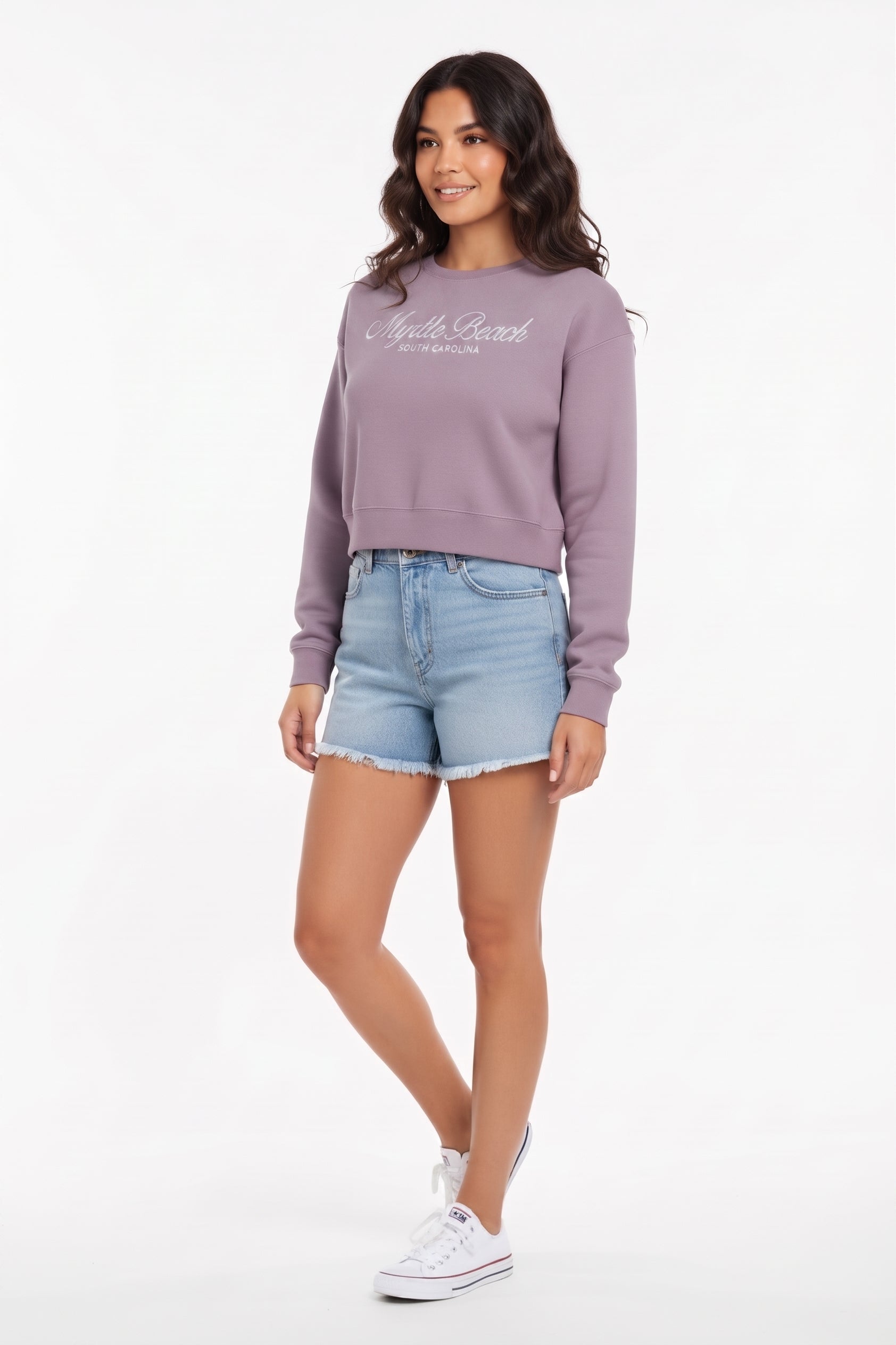 Lilac Scuba Crewneck Crop Top SP Front ,Myrtle Beach