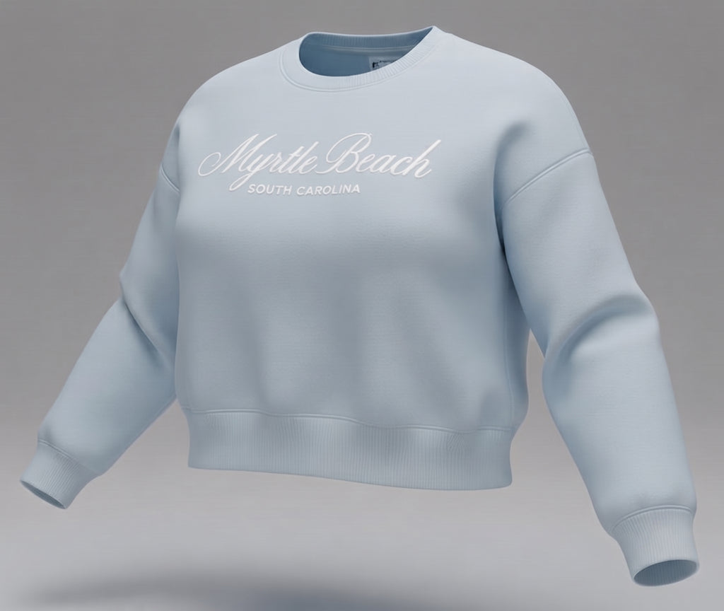 Light Blue Scuba Crewneck Crop Top SP Front ,Myrtle Beach