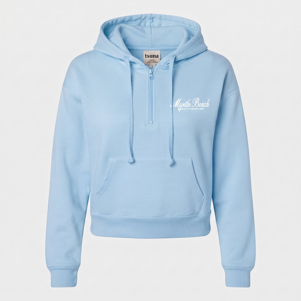 Light Blue Scuba Hoodie Crop Top Quarter Zip SP FB ,Myrtle Beach