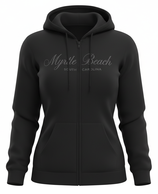 Black Scuba Full Zipper Hoodie Embroidery Front ,Myrtle Beach